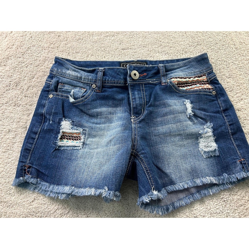 Cato Shorts Womens 8 Denim Distressed Boho Embroidered Mid Rise Jean